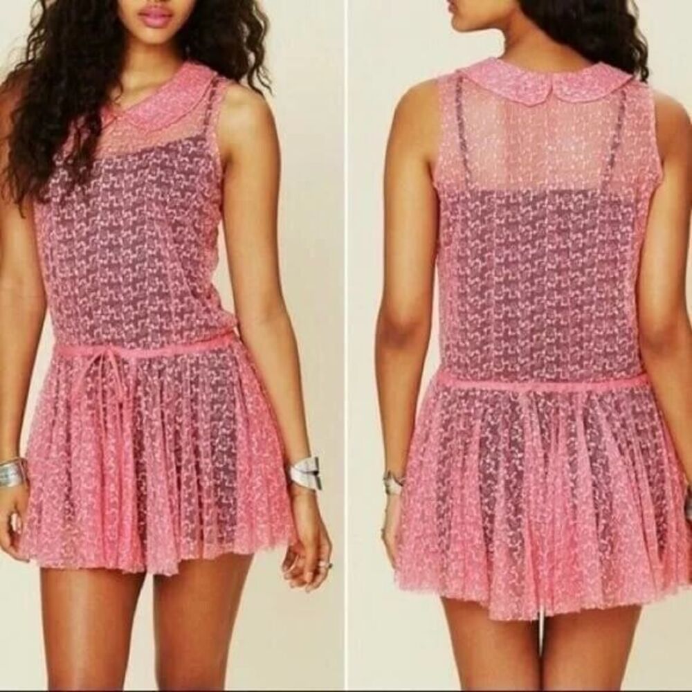 NEW Free People Womens Dress Pink Mia Mini Floral Lace Drop Waist Fit Flare XS